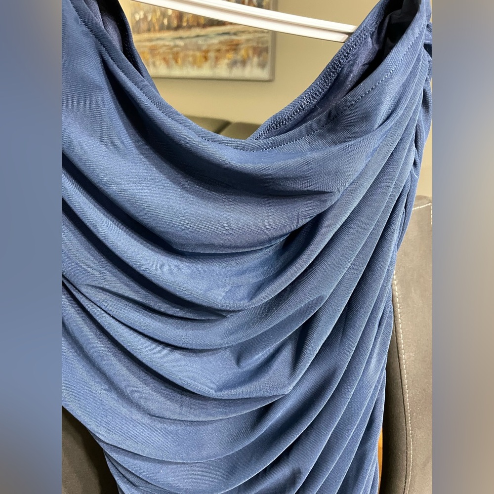 Elegant Navy One-Shoulder Dress PTP 19.5 inches to 21.5" - Picture 8 of 11
